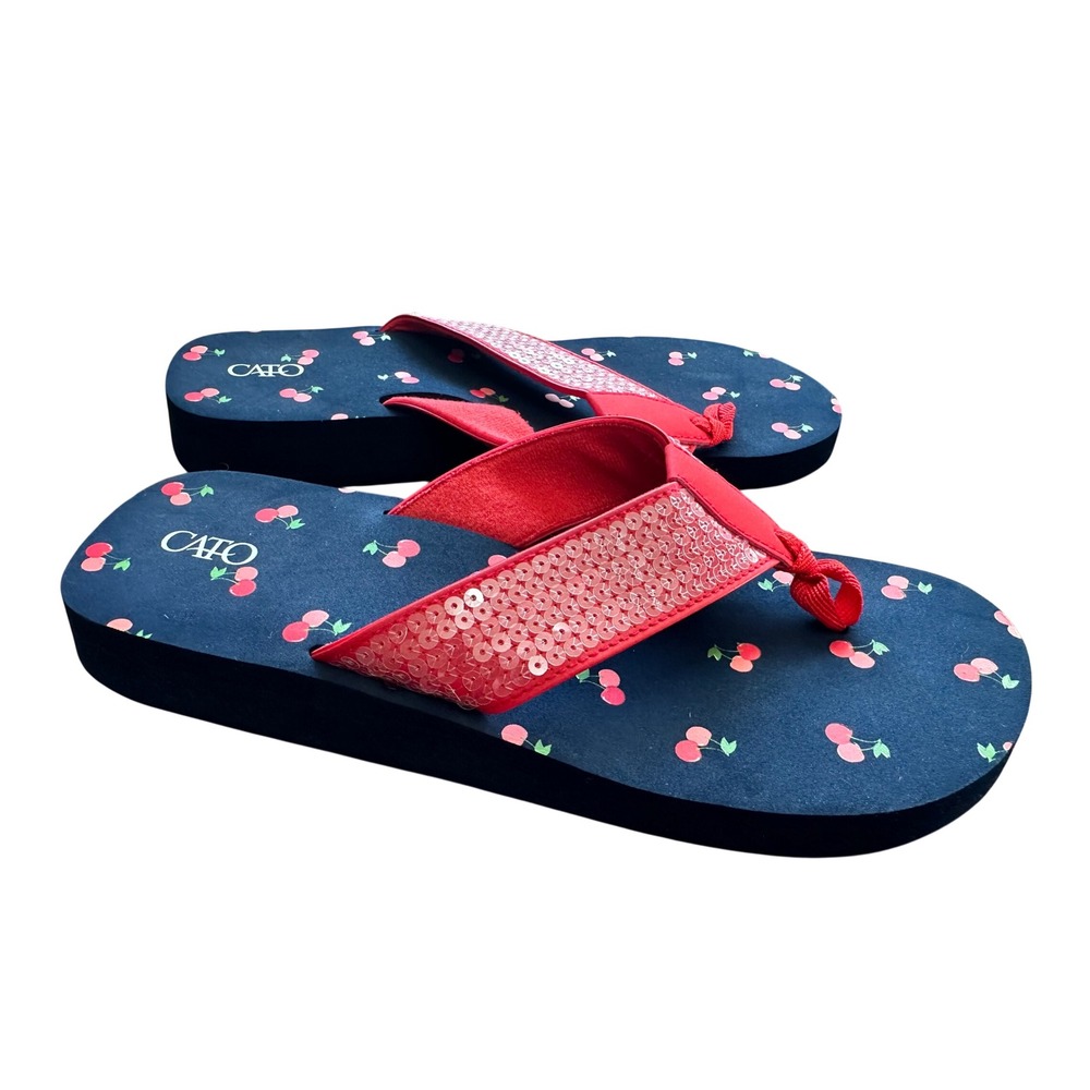 Cato Wedge‎ Flip Flops Women 11 Navy Blue Excellent Cherry Print Sequin Straps